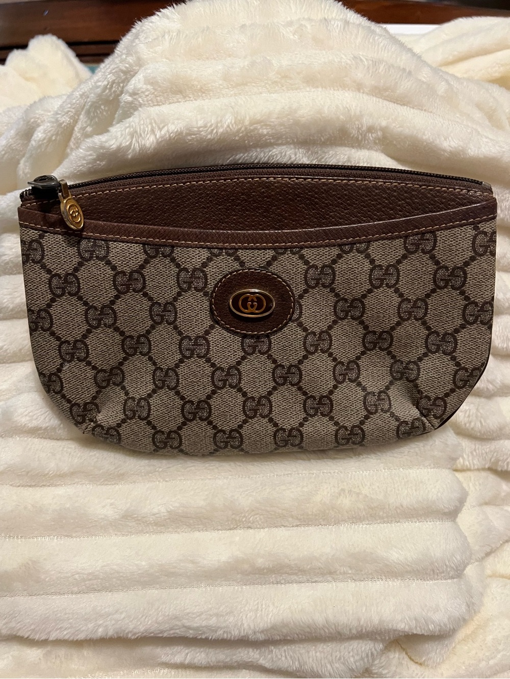 Vintage Gucci Brown GG Logo Canvas and Leather Cosmetic Bag